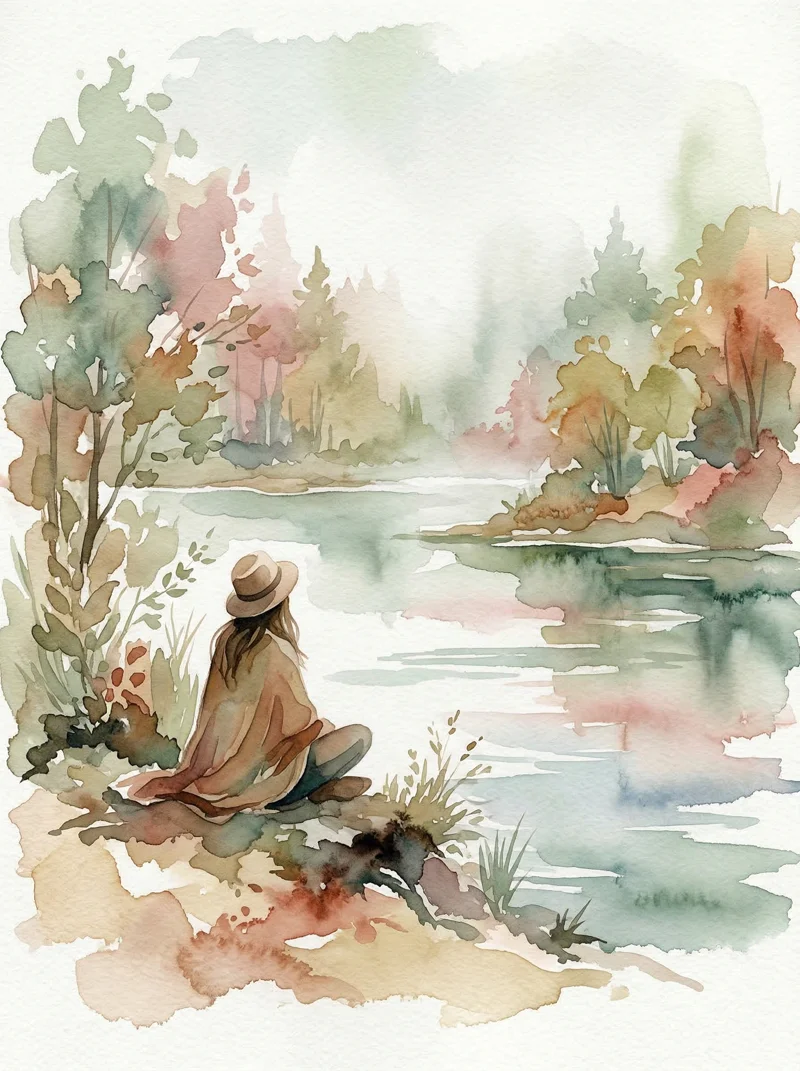 Watercolor illustration of a person sitting peacefully by a lake, surrounded by soft natural tones